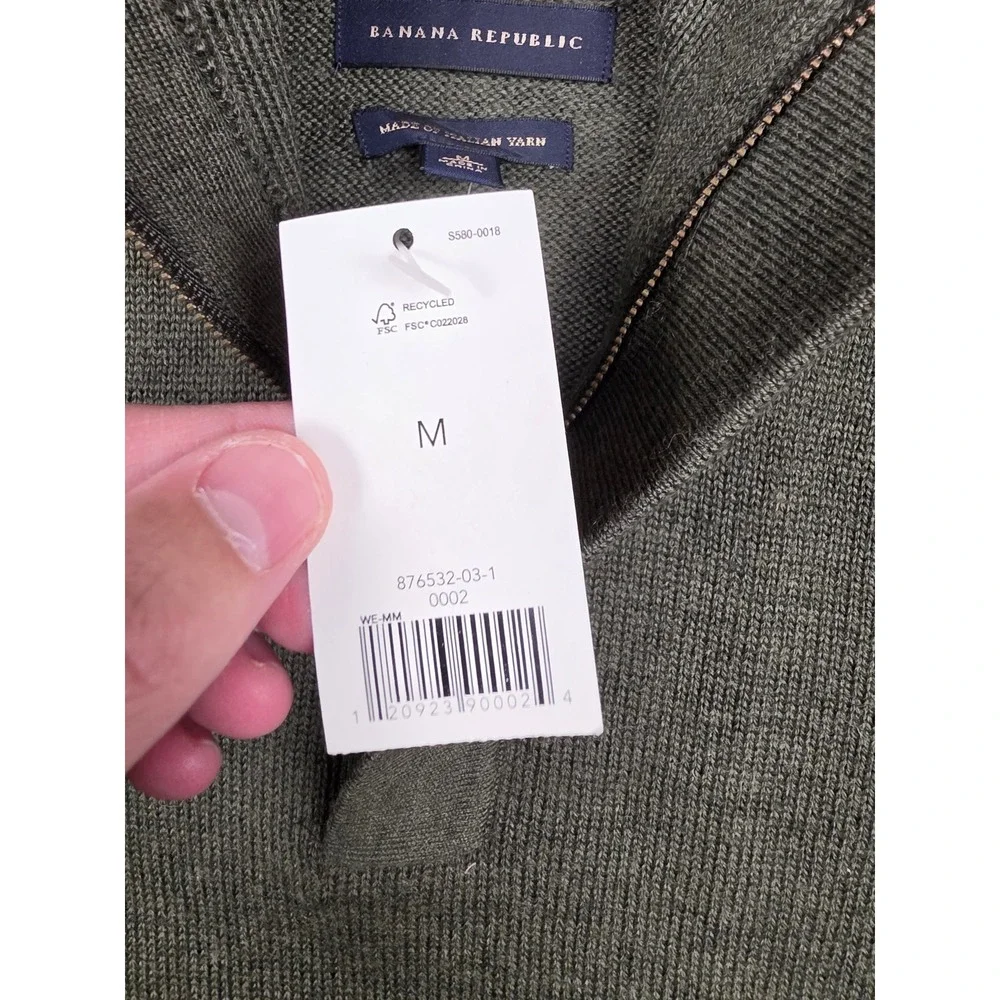 Banana Republic Sweater Men M Green Quarter Zip Epaulets Wool Blend Italian Yarn